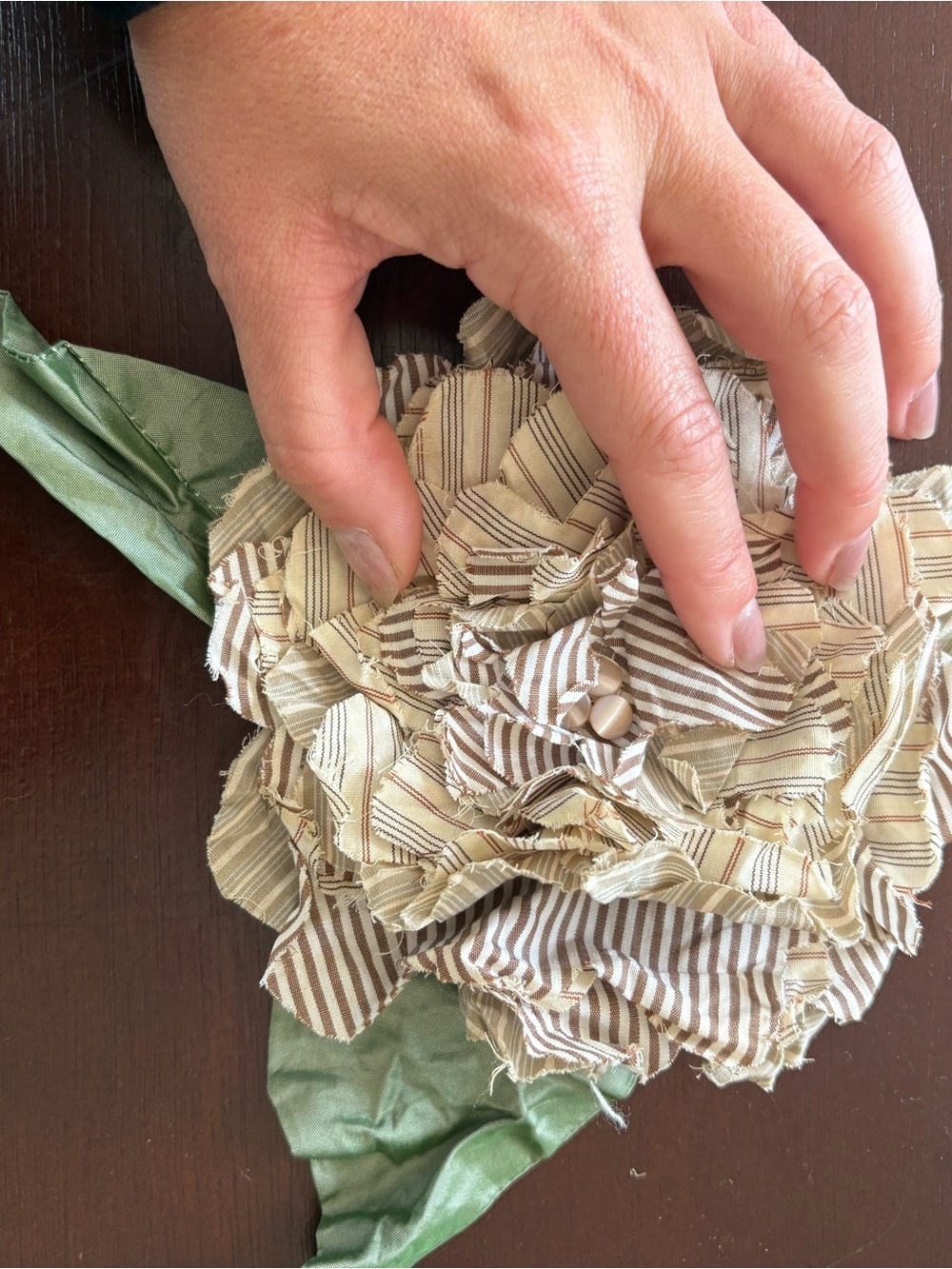 Striped Beige Flower Brooch with Green Satin Leaves
